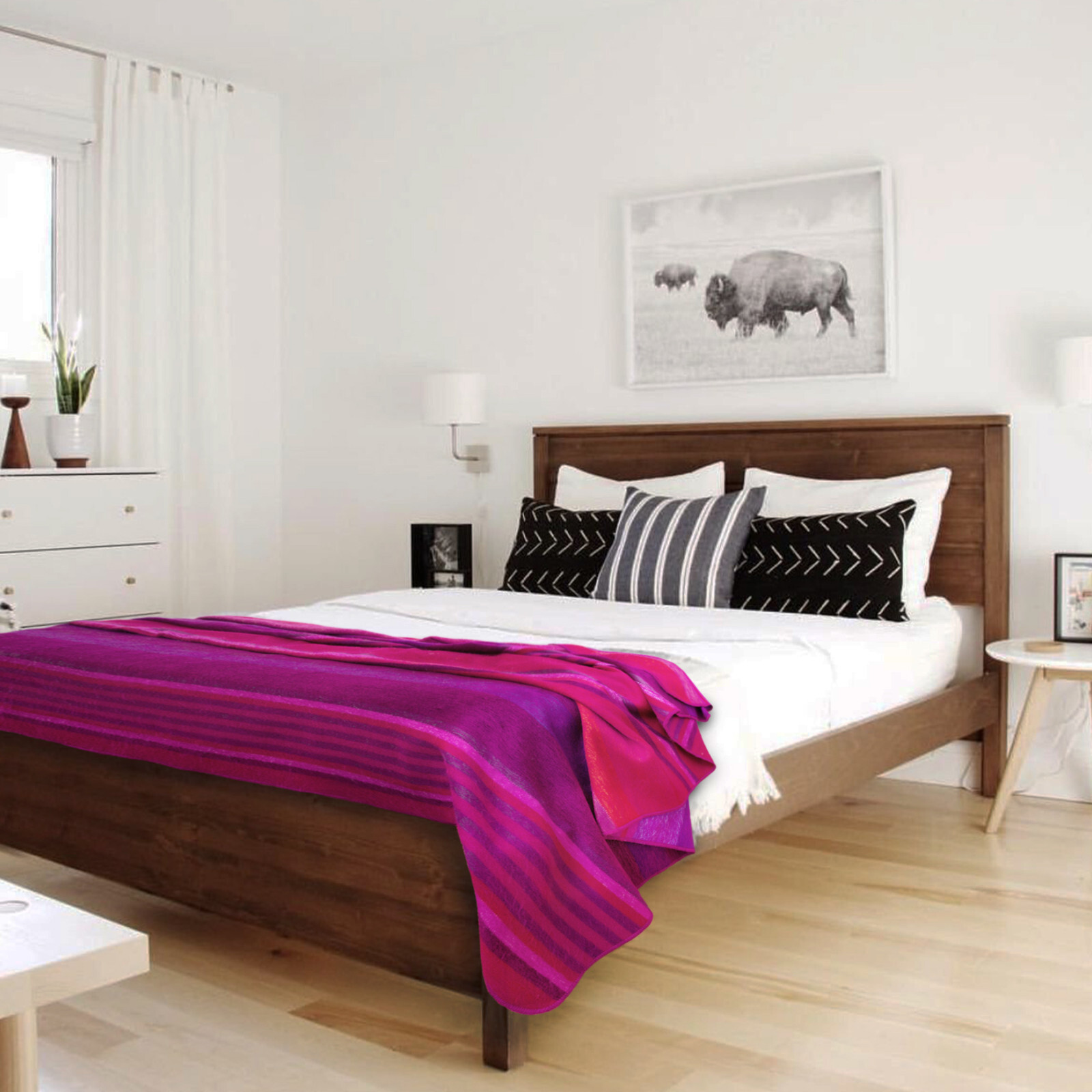 VIBRANT STRIPED ALPACA WOOL BLANKET 97&Prime; x 69&Prime; – MAGENTA & PURPLE HUES