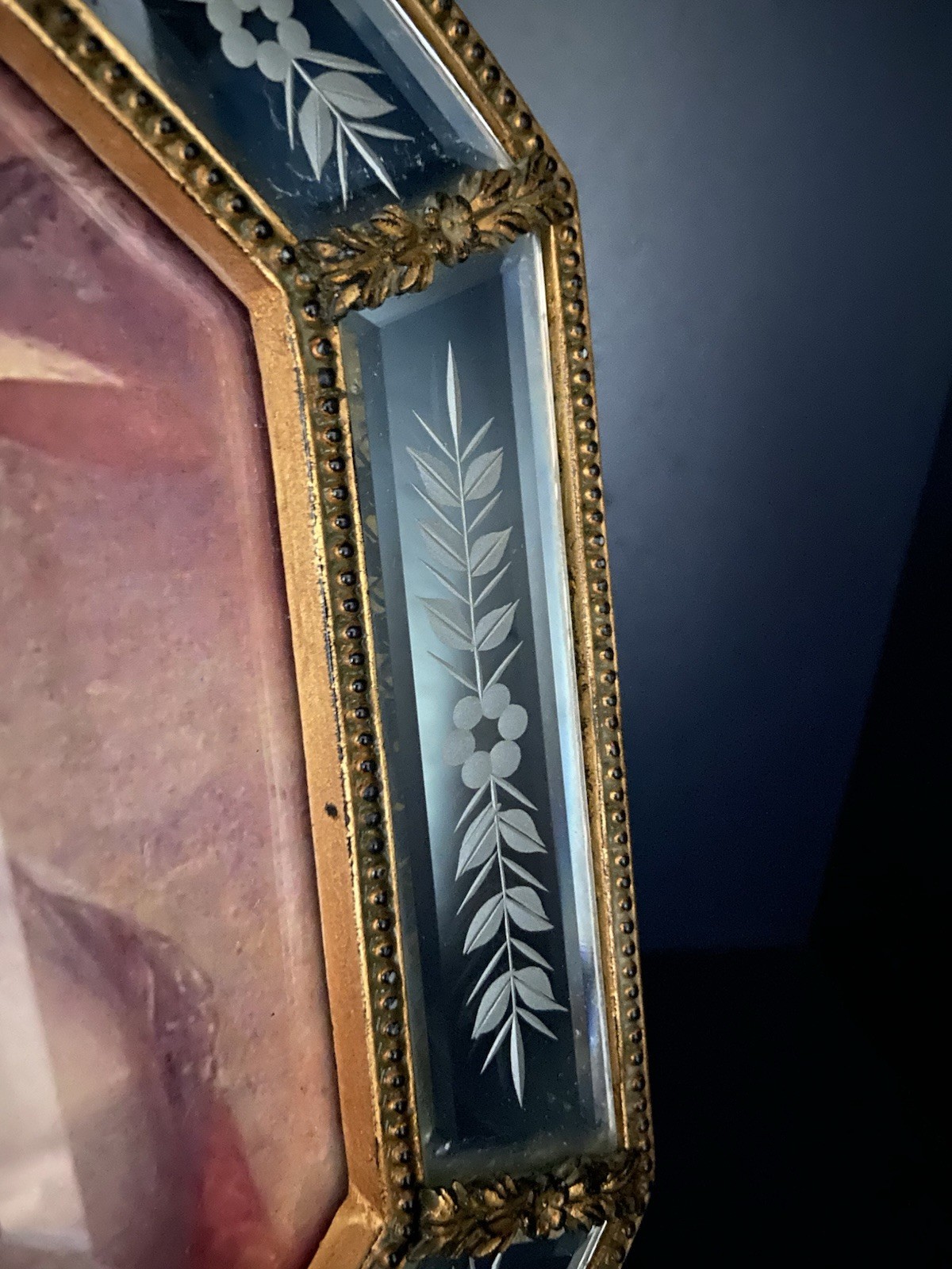 Antique Style,Vtg Etched Mirror Panels, Octagonal Picture Frame 4”x6”Ornate