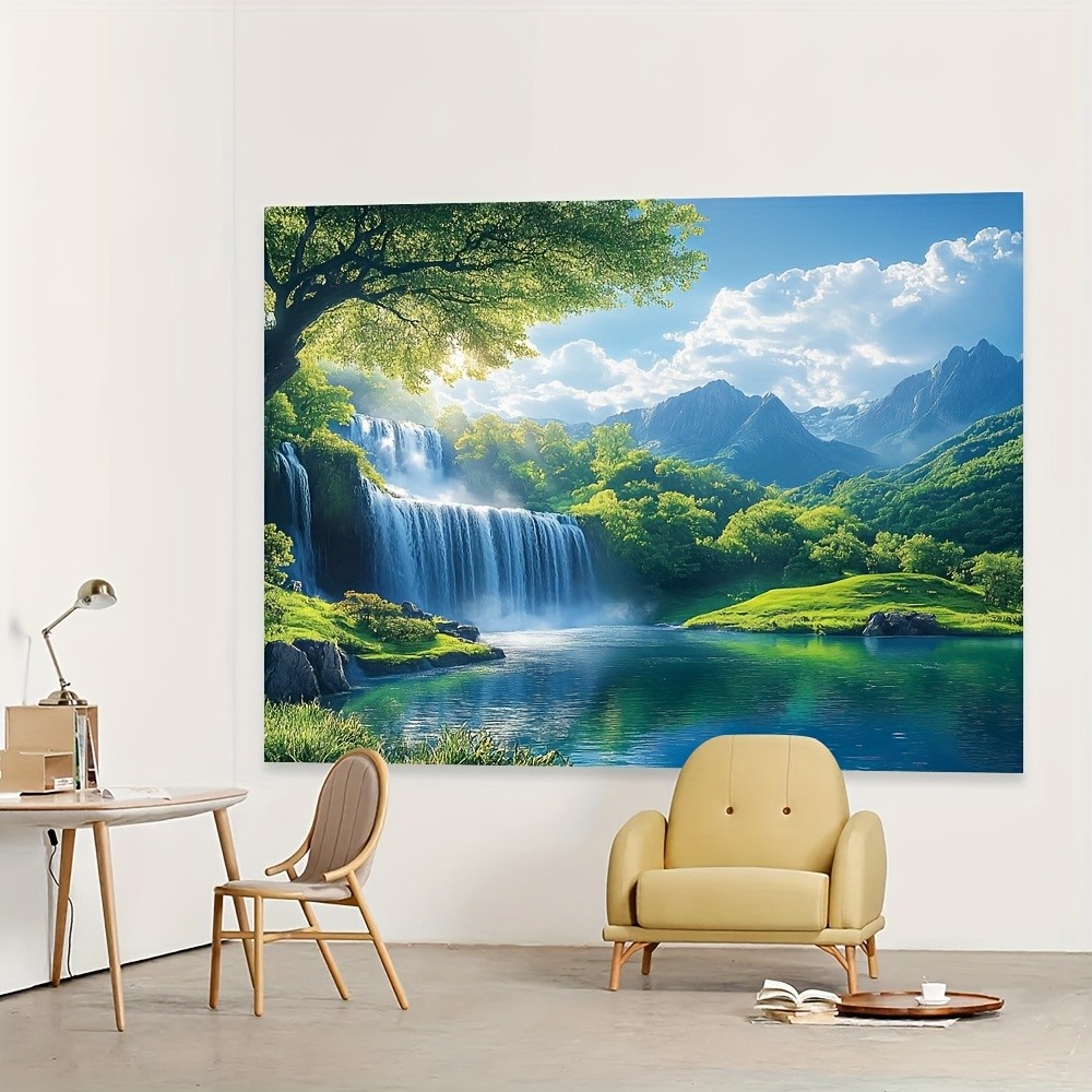 1pc, Vibrant Green Grass & Blue Sky Tapestry – 100% Polyester, Serene Waterfall