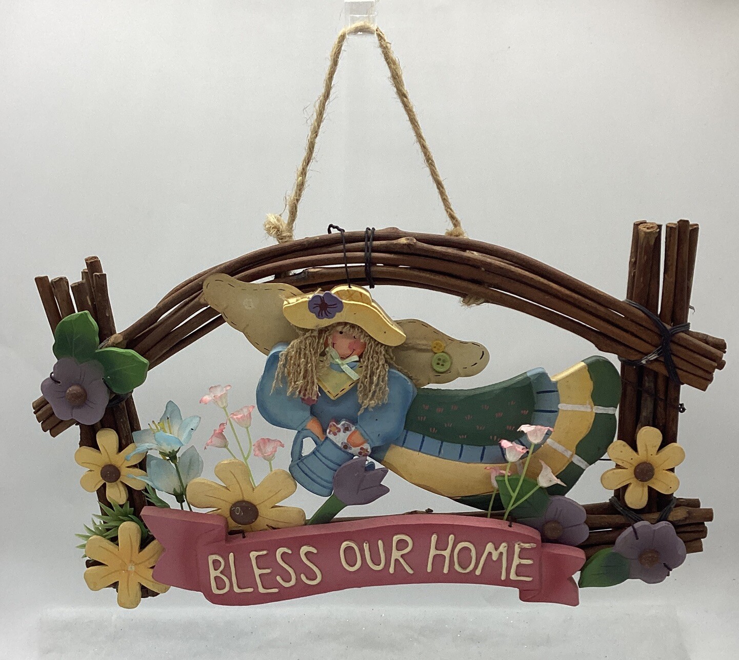Door / Wall Grapevine Wreath With Wood Gardening Angel “Bless Our Home”