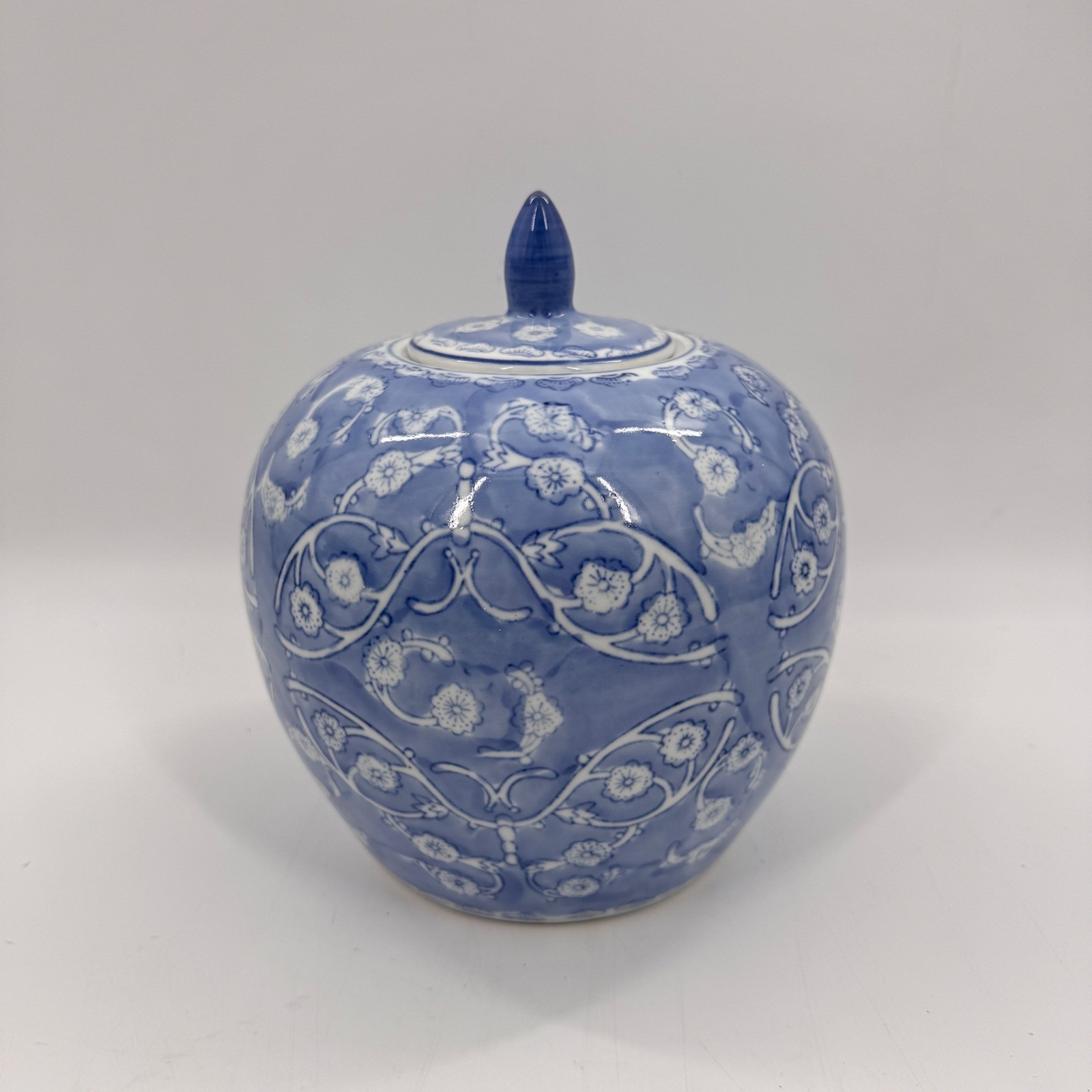 Vintage Blue and White Melon Ginger Jar with Lid Cherry Blossom Chinoiserie