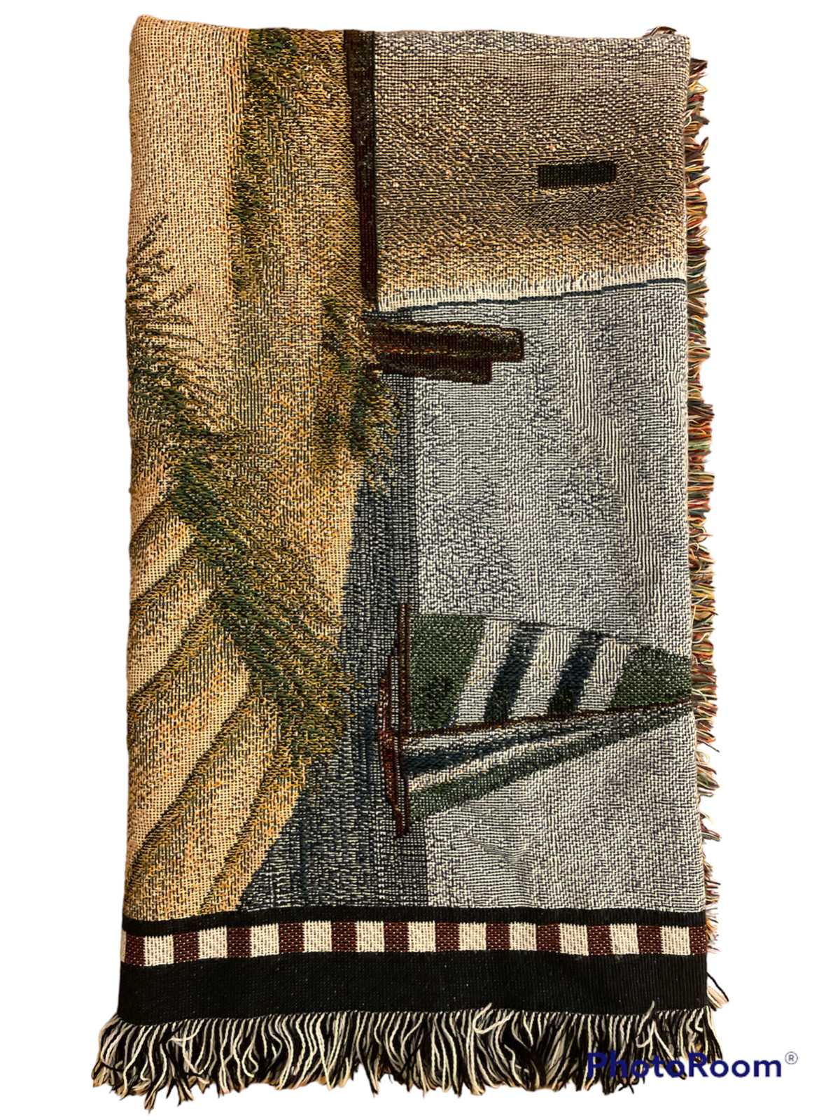 Lighthouse Woven Tapestry Blanket Beach Sailboat Nautical fringe coastal 47&Prime;x54&Prime;