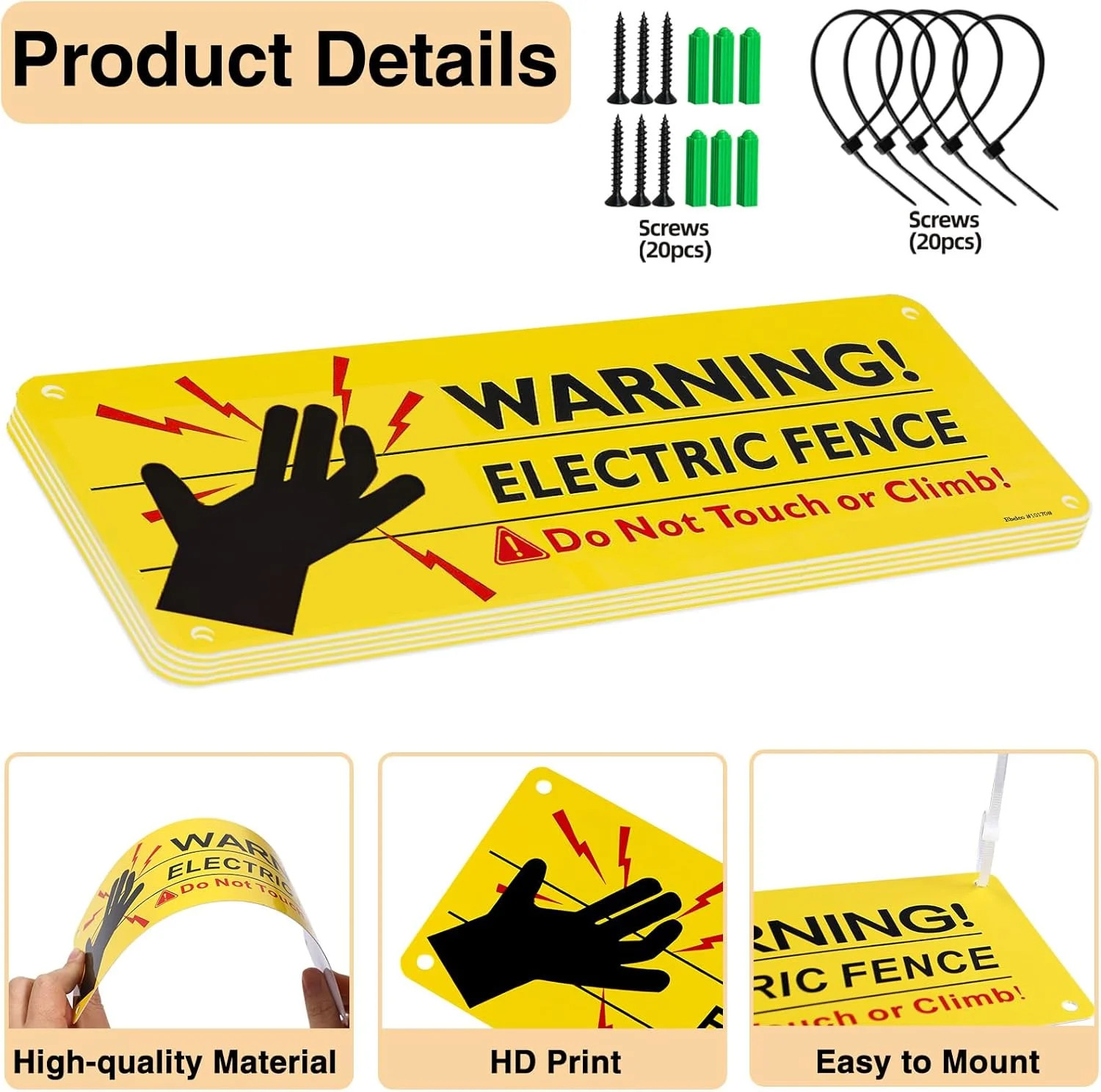 5-Pack Reflective Electric Fence Warning Signs,10×3.5 Inch High Voltage Danger S