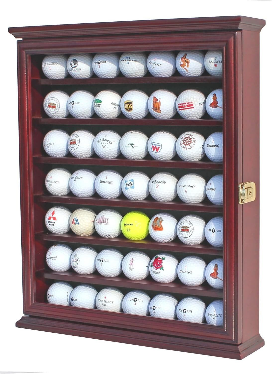 Golf Ball Display Case 49 Pcs Cherry & Green Wall Glass Door Cabinet Wood Rack