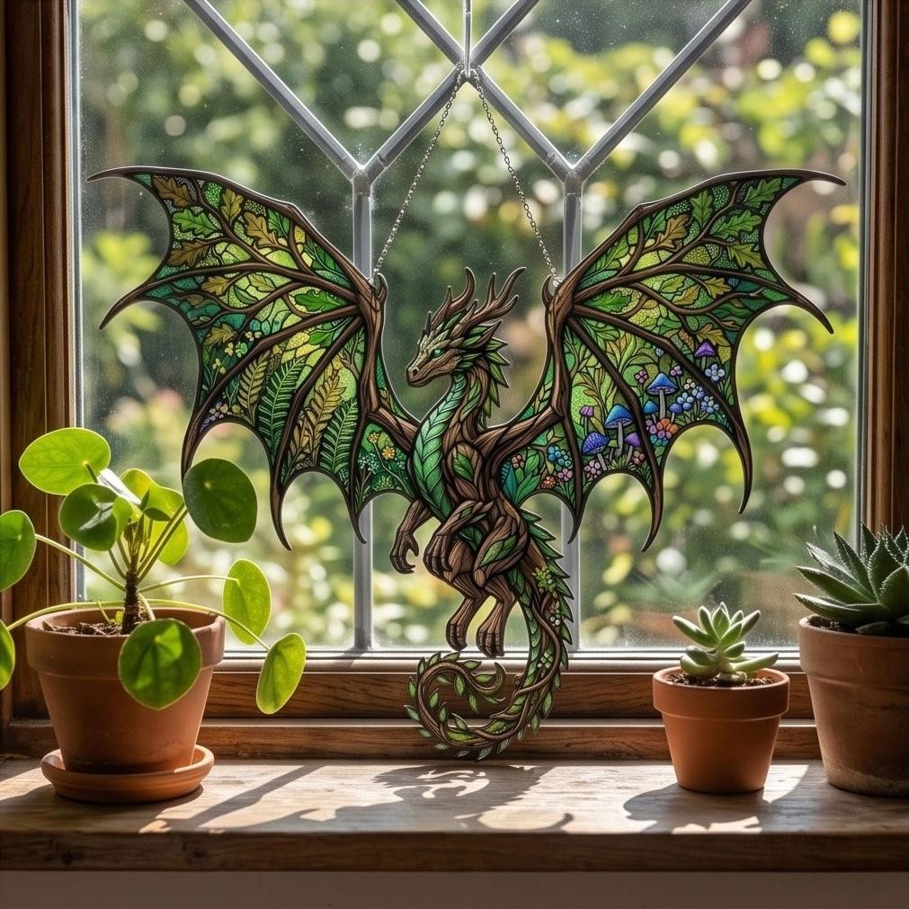Forest Dragon Suncatcher Acrylic Style, Woodland Dragon Window Hanging Decor