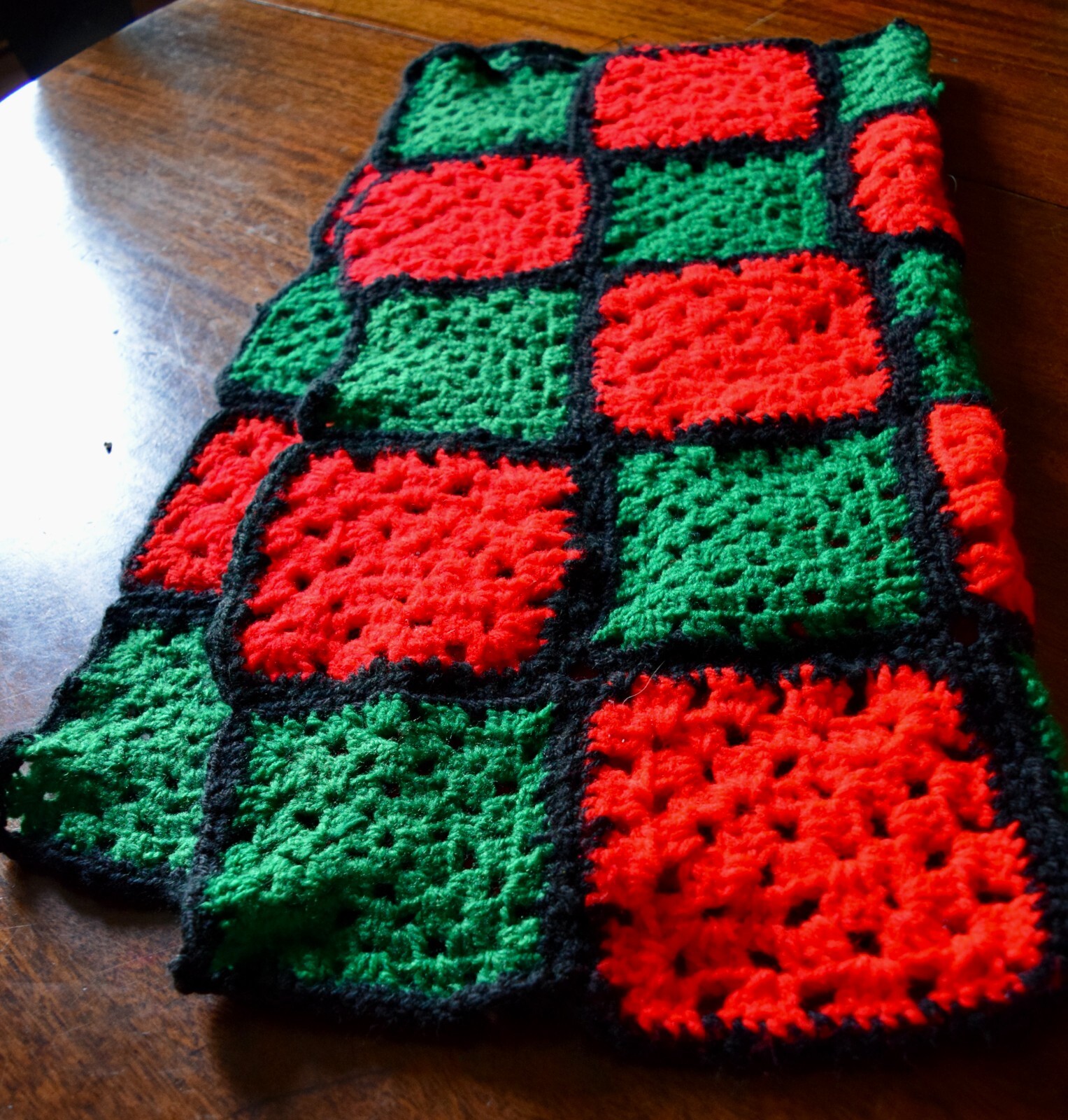 Vintage Crocheted Red, Green, Black Doll Afghan Blanket #8986
