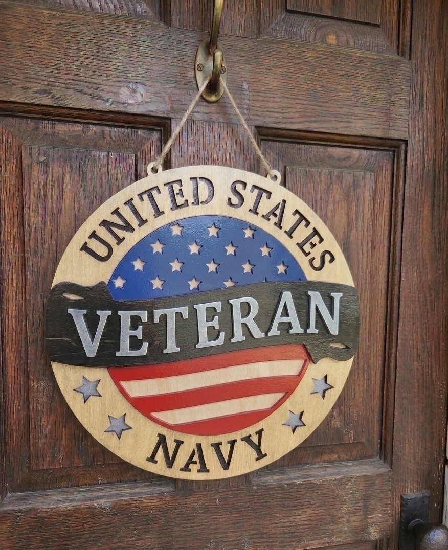 Patriotic US Navy Veteran Round Wooden Hanging Door Sign Stars Painted