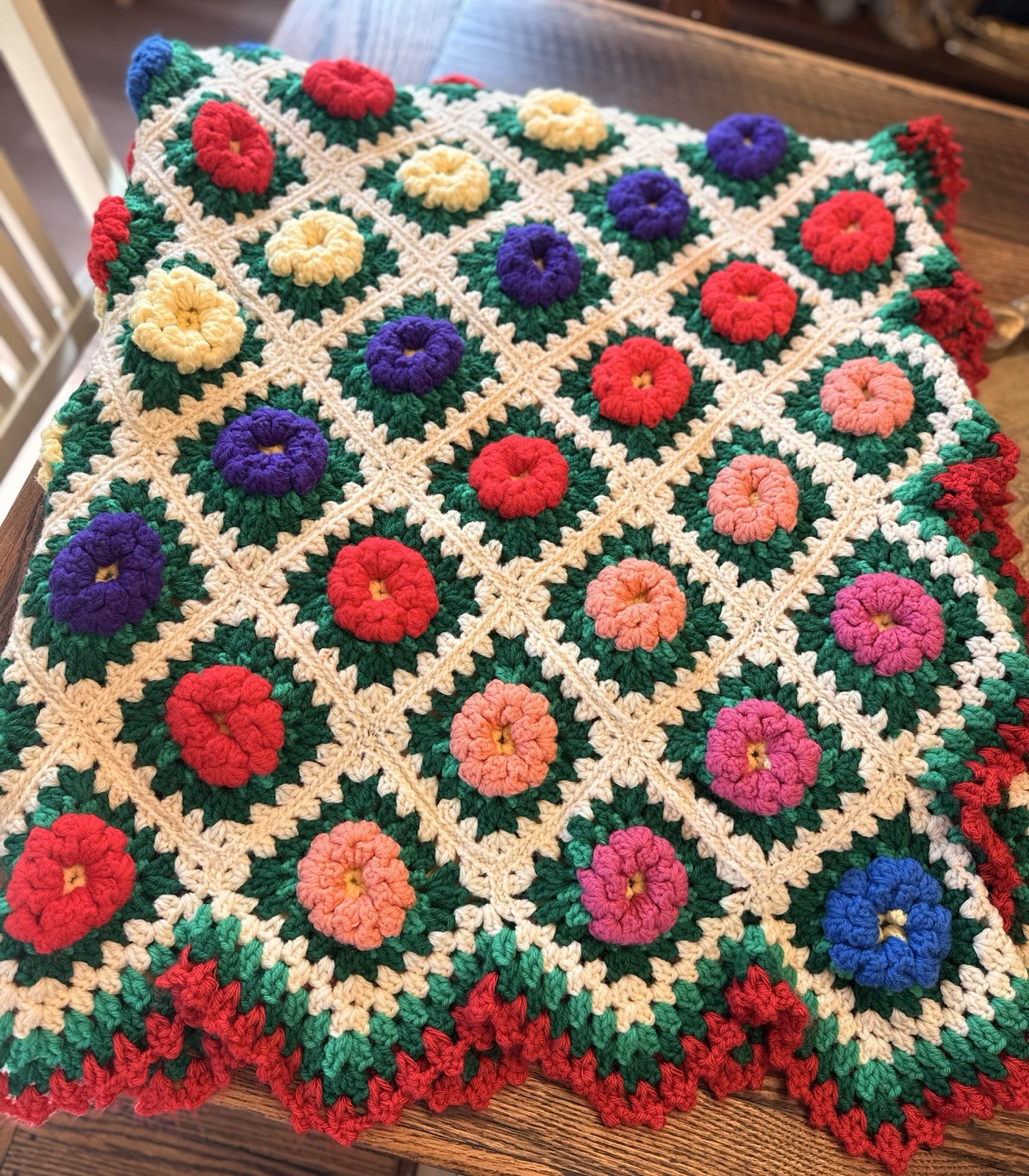 Vintage handmade crochet 3D flower afghan blanket 58×58