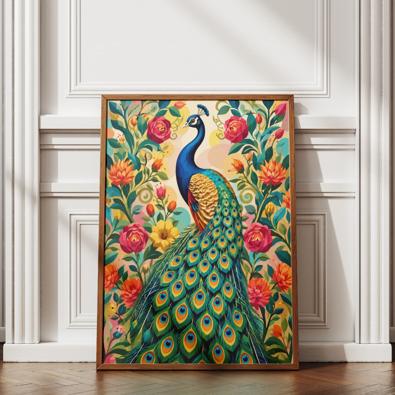 Peacock on Flowers Poster Colorful Geometric Floral Nature Wall Art Print Decor