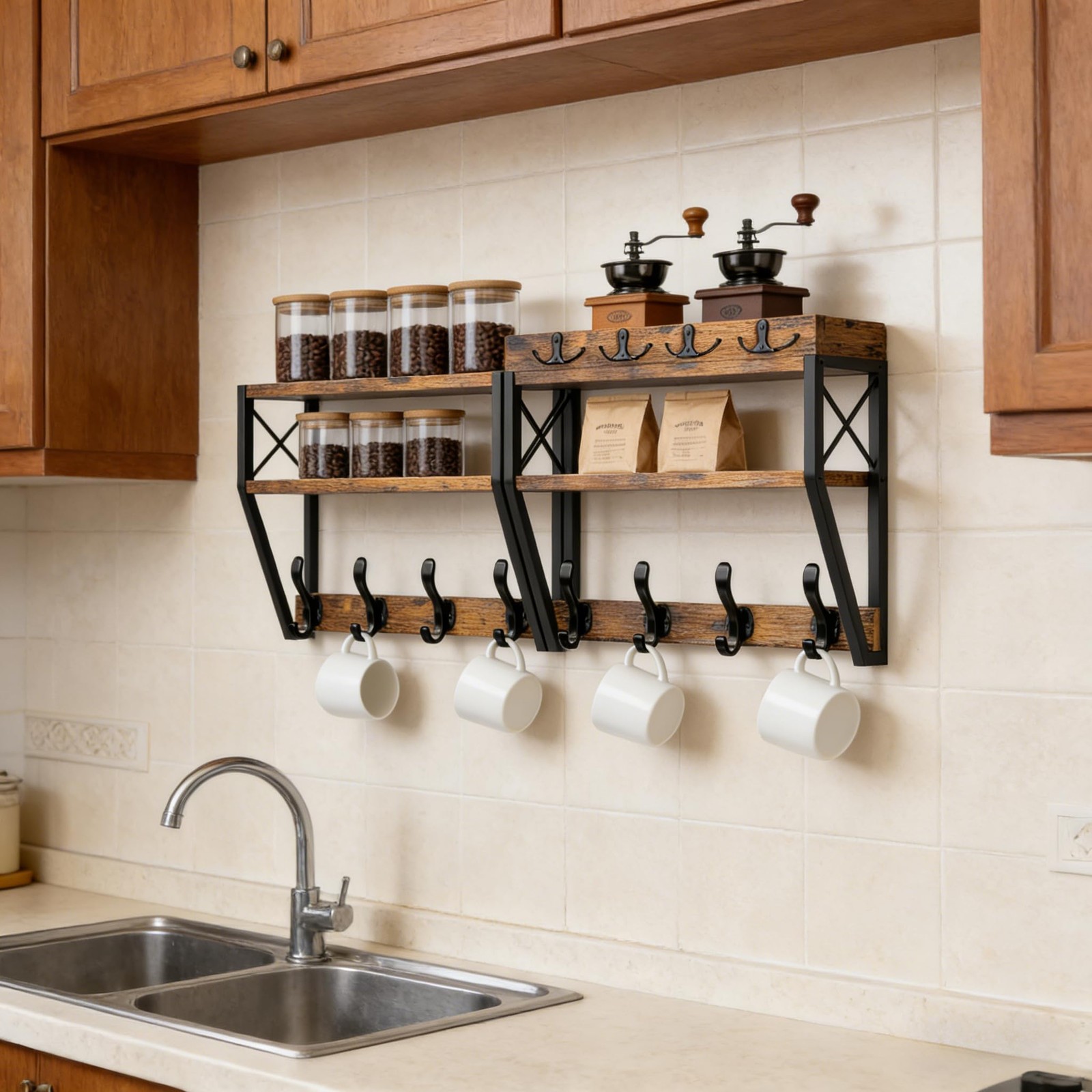 « 32Inch Wall Mount Coat Rack with Shelf, 12 Hooks, Brown Wood & Metal »