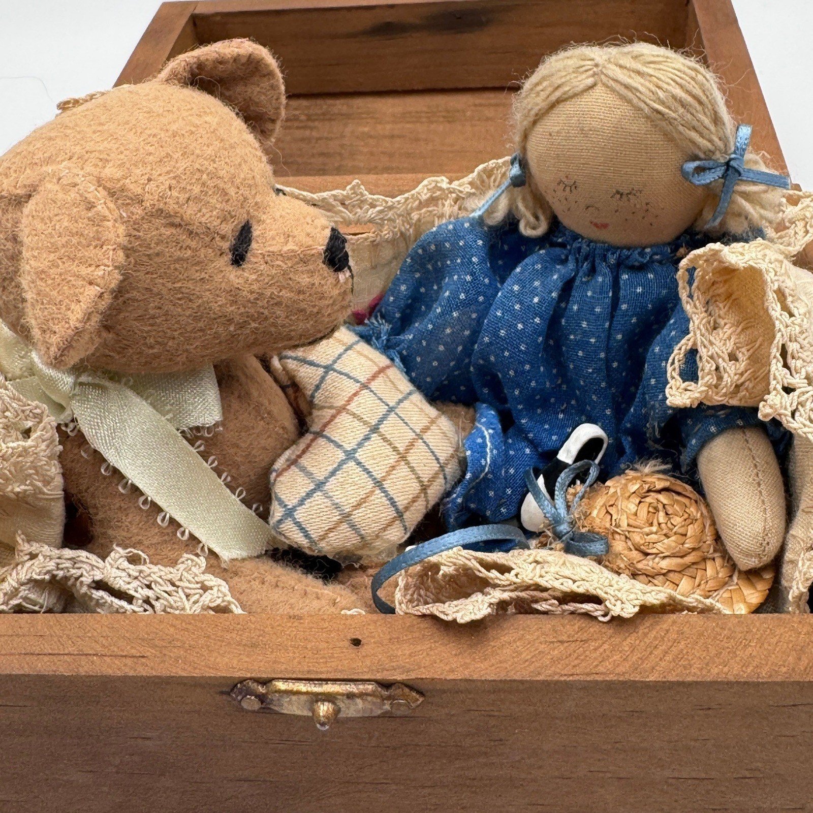 Vintage Wooden Treasure Chest Miniature Doll and Teddy Bear Set Primitive Decor
