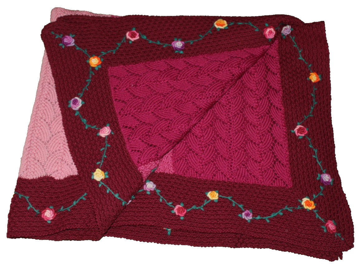 VTG handmade knitted afghan throw hand embroidered flowers 80&Prime; x 52&Prime; maroon pink