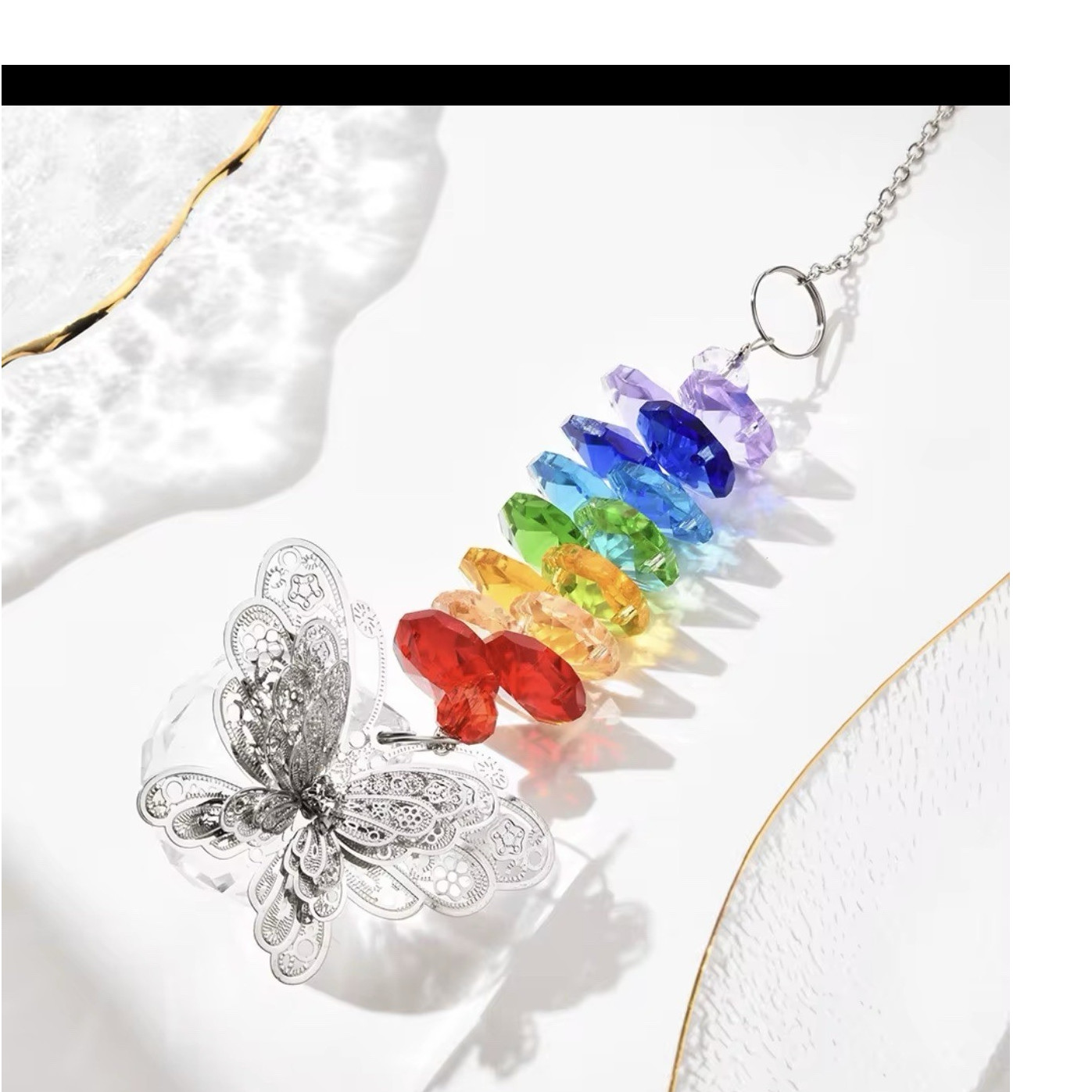 Butterfly Rainbow Suncatcher Multicolor Glass Metal with Crystal Ball Decoration