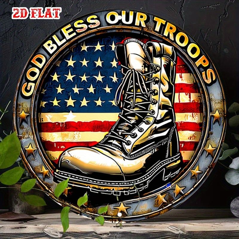 Retro God Bless Our Troops Boot Metal Sign Patriotic Military 4th Of July Decor