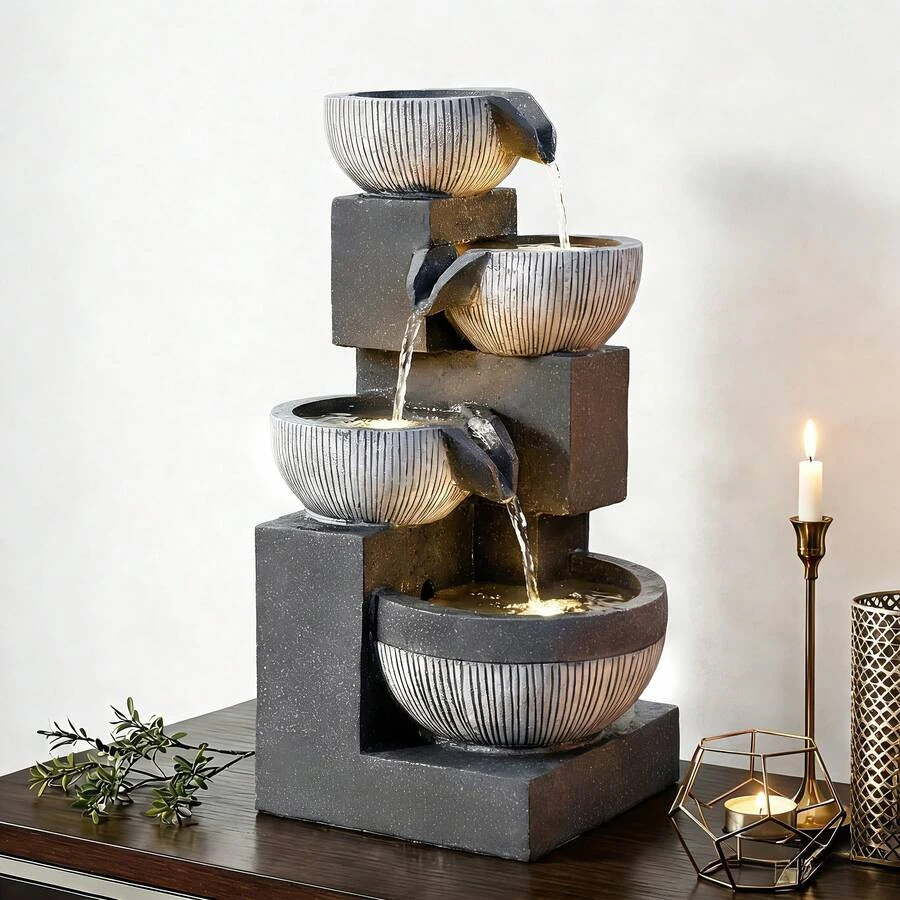 Indoor Water Fountain 4-Tier Cascading Bowls Tabletop Waterfall LED