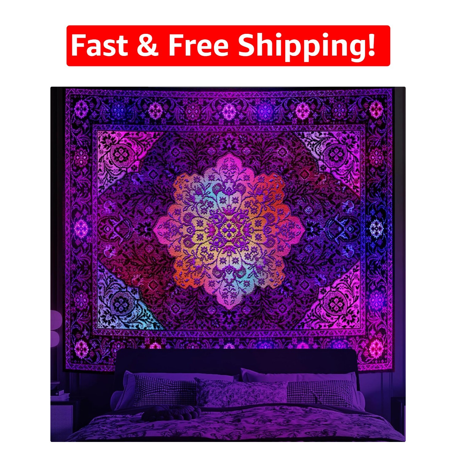 Colorful Blacklight Mandala Tapestry Wall Hanging 51&Prime; x 60&Prime; for Stylish Rooms