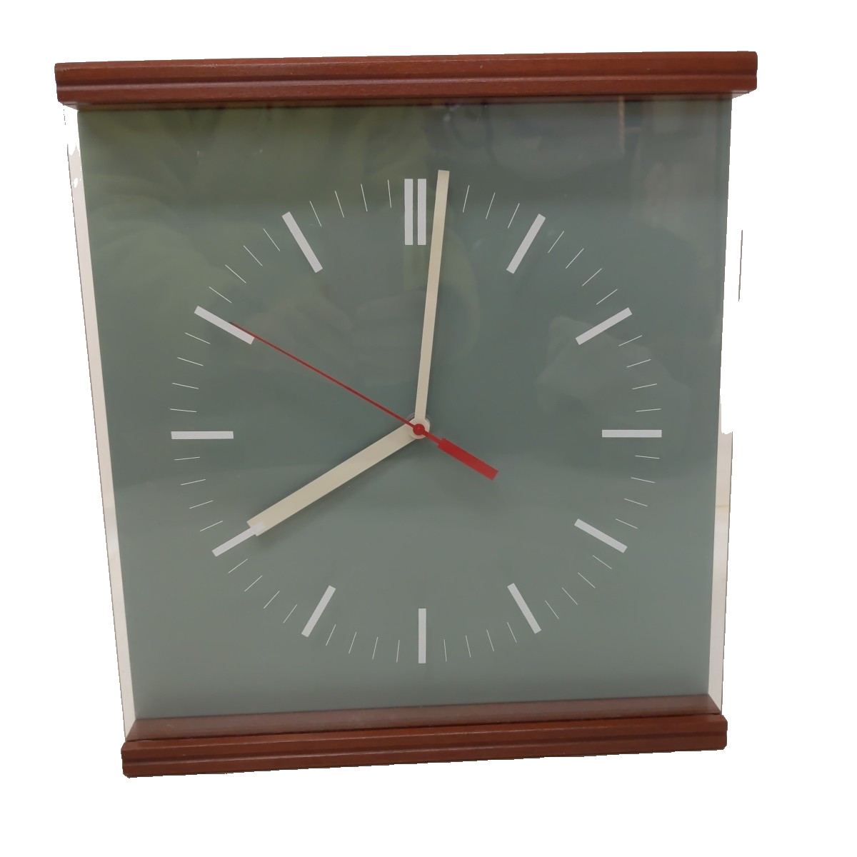 PETER PEPPER Clock Wall 14&Prime; Wood Acrylic Metal MCM Look White/Sage Green RaRe