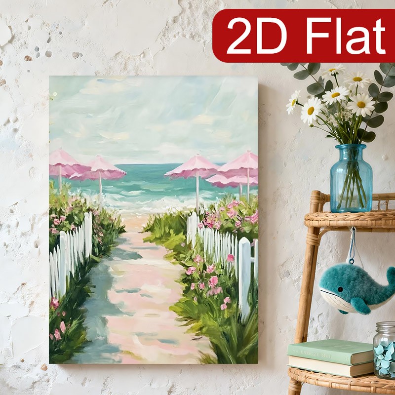 Coastal Beach Path with Pink Umbrellas Canvas Wall Art, Tropical Floral Decor