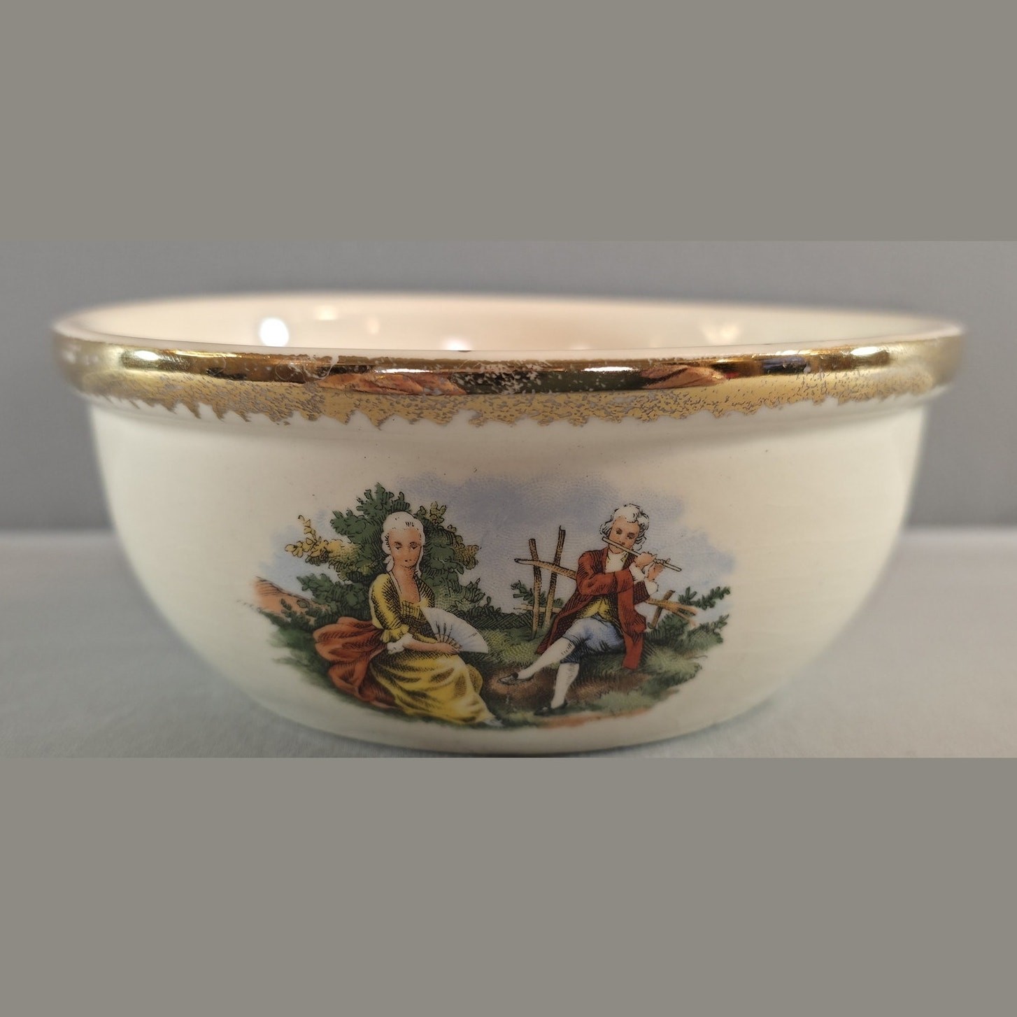 Vintage Porcelain Bowl Courting Couple Boucher Pastoral Gold Rim 5.75 In
