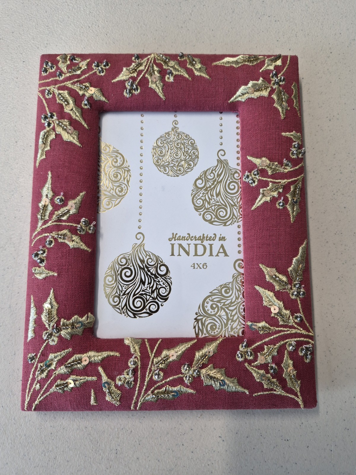 4×6 Picture Frame Handcrafted In India Red Fabric, Gold Botanical Embroidery