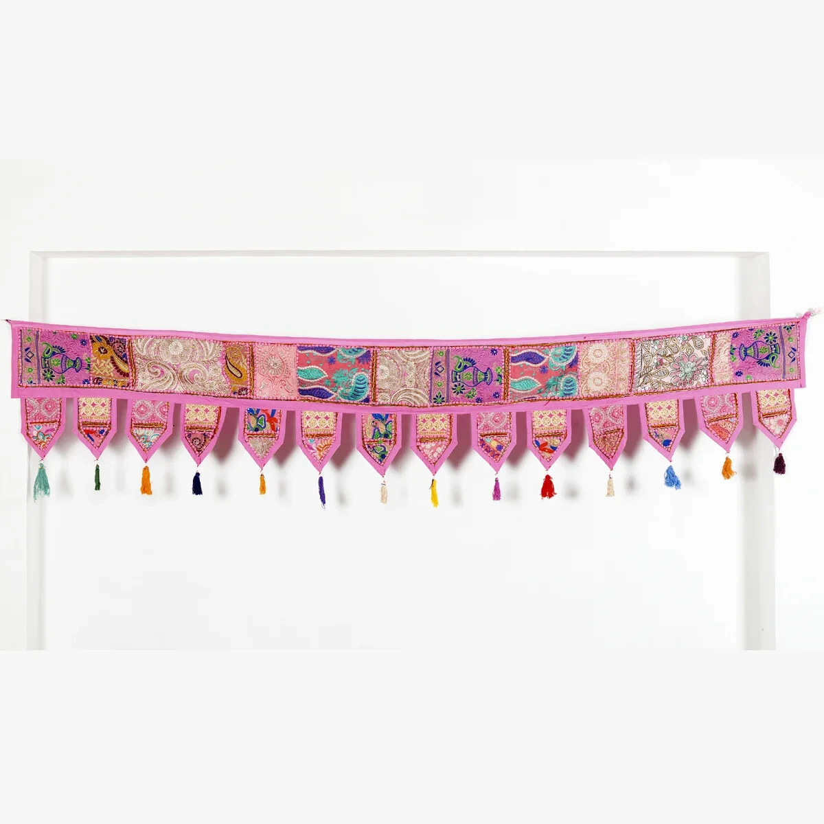 Indian Pink Vintage Patchwork Embroidery Toran Door Valance Wall Hanging