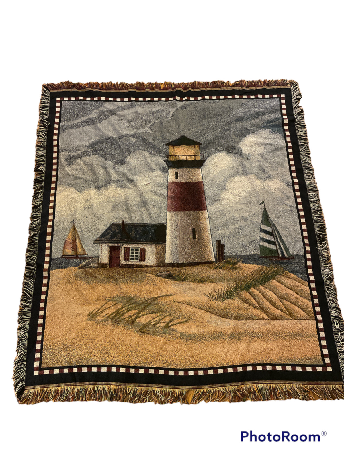 Lighthouse Woven Tapestry Blanket Beach Sailboat Nautical fringe coastal 47&Prime;x54&Prime;
