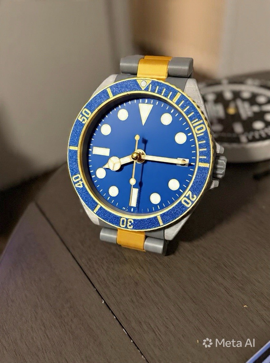 Oversized GMT Style Desk Clock 3D Printed Handmade Quartz Blue Red Bezel Watch A