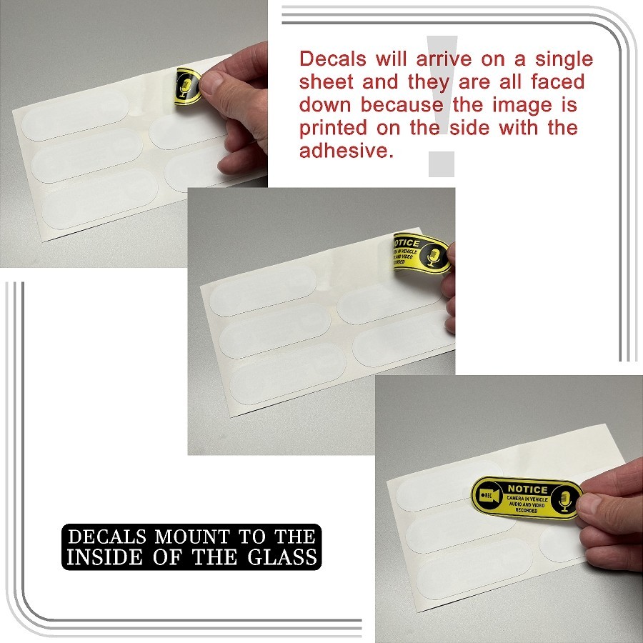 Camera in Car Recording Video 6-Pack INSIDE MOUNT Decals Black Yellow 3&Prime; x 1&Prime;