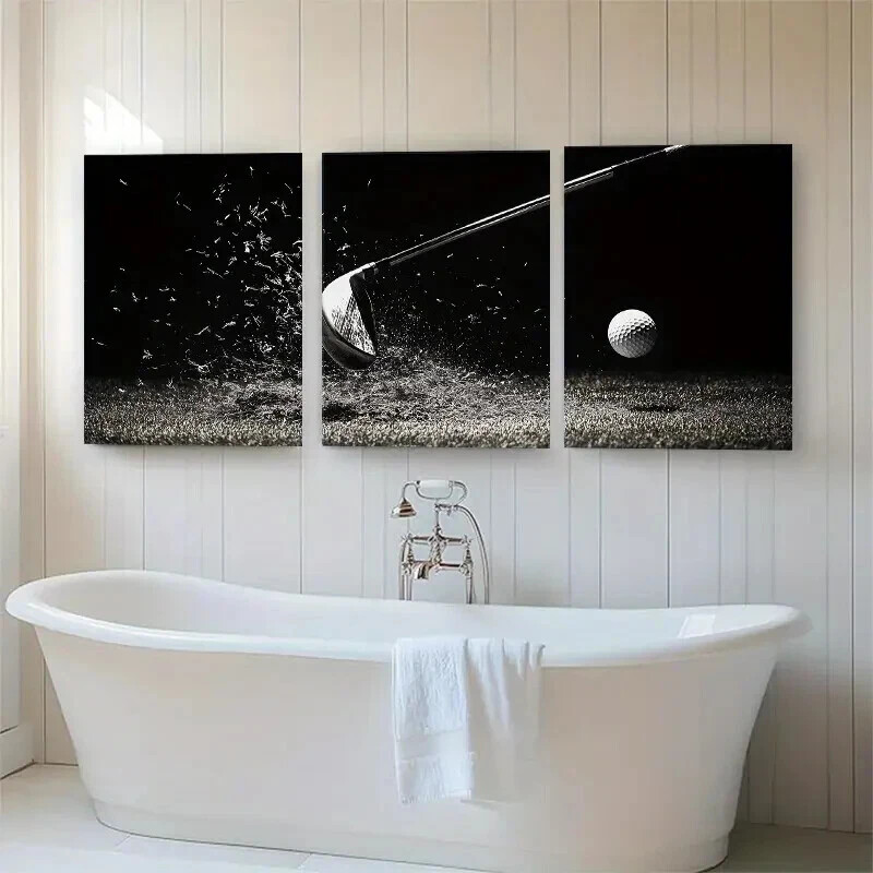 3pcs Black and White Golf Swing Sports Perfect Wall Art Canvas Framed 50x70cm