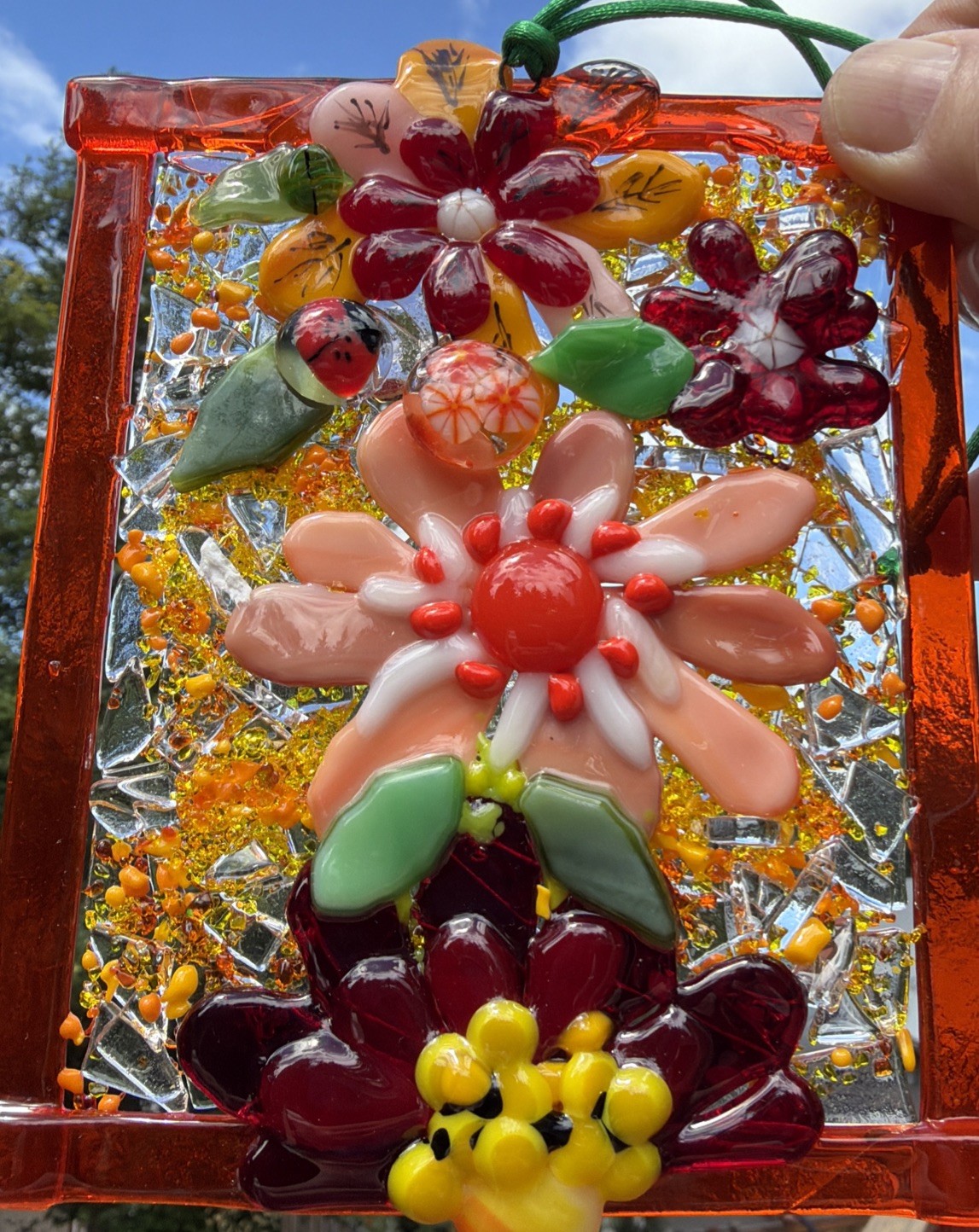 Fused Glass Handmade Flowered Rectangular Multicolor Sun Catcher Signed