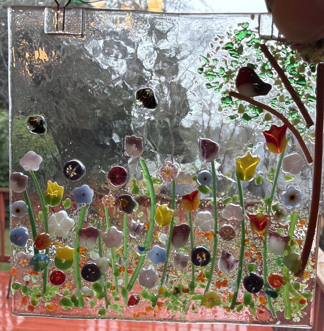 Fused Glass Handmade Square 4”x 4” Multicolor Sun Catcher Signed By Artist