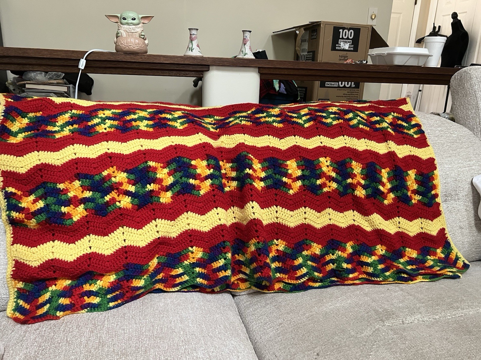 VTG Crochet 🧶MCM Rainbow Ripple ZigZag Chevron Afghan Granny Blanket💥70’s/80’s