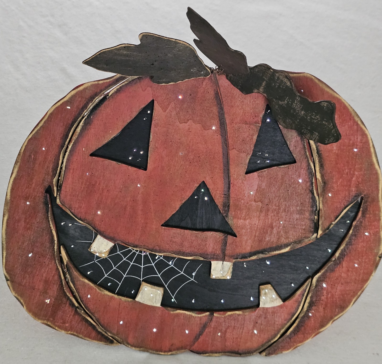 Primitive Flat Wooden Flashing Multi Light Pumpkin Face Folk Art Decor 14&Prime; Tall