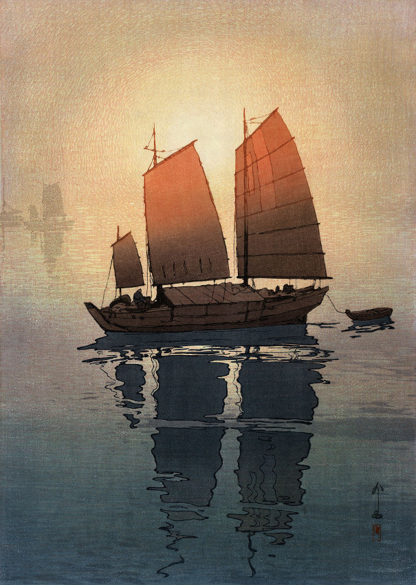Japanese Art Woodblock Print « Sailing Boats, Morning » YOSHIDA HIROSHI Shin Hanga