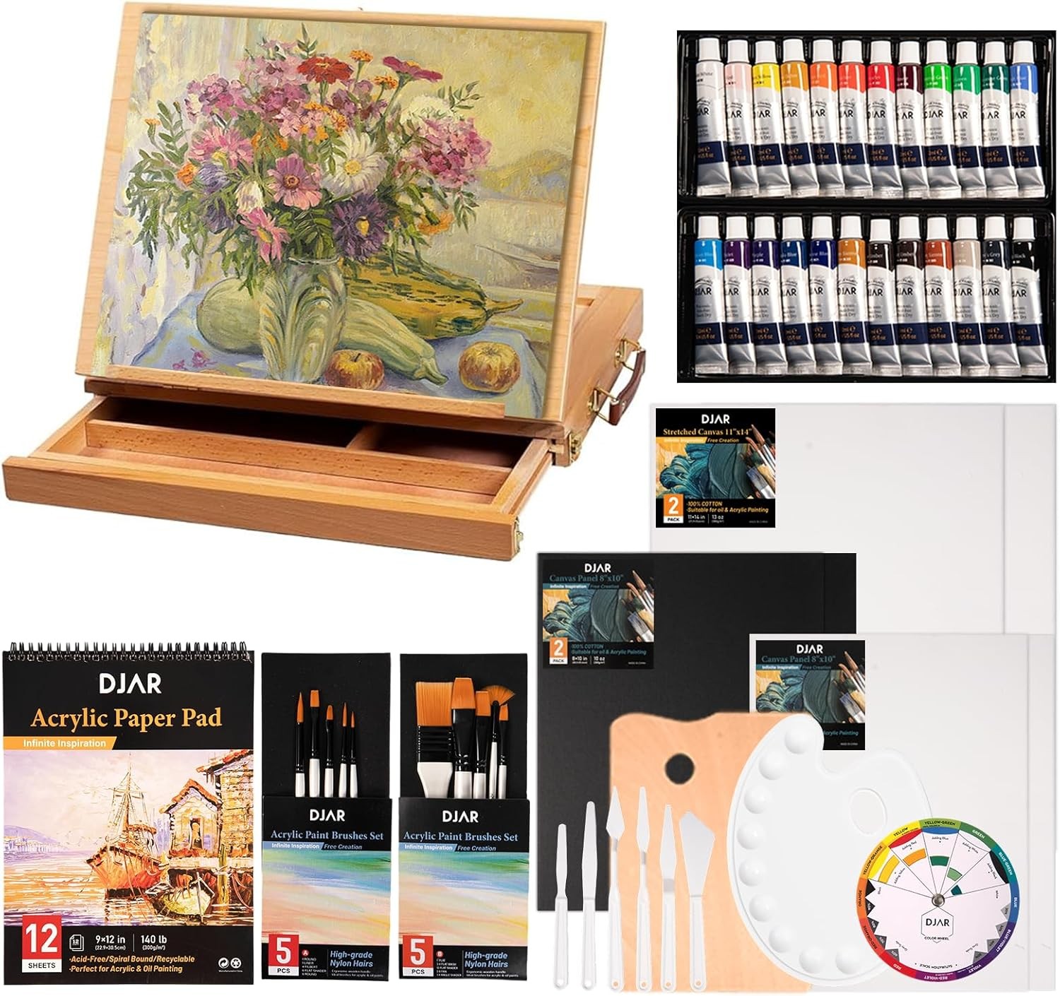 49 pcs Acrylic Paint Set with Table Easel Box, 24 Acrylic Paint