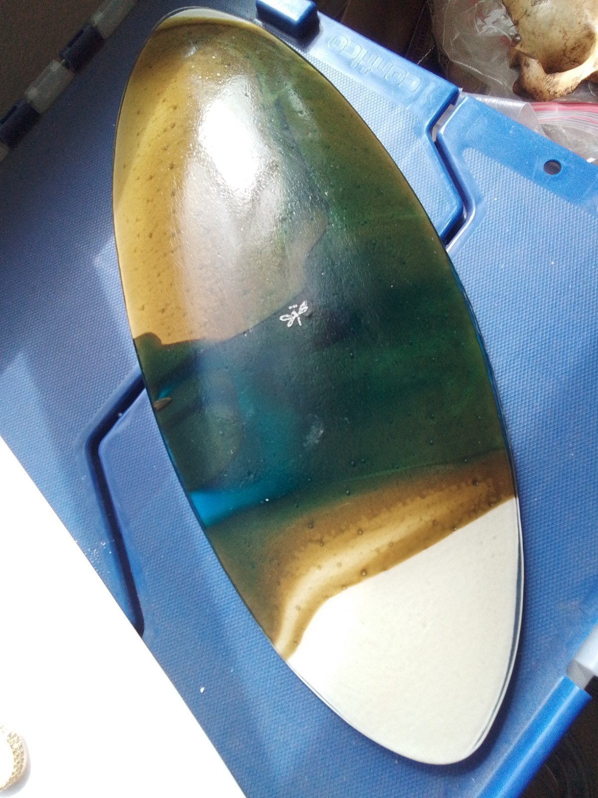 Handcrafted Fused Art Glass Plate Dragonfly Mark Oval Vanilla Brown Teal 14.75&Prime;