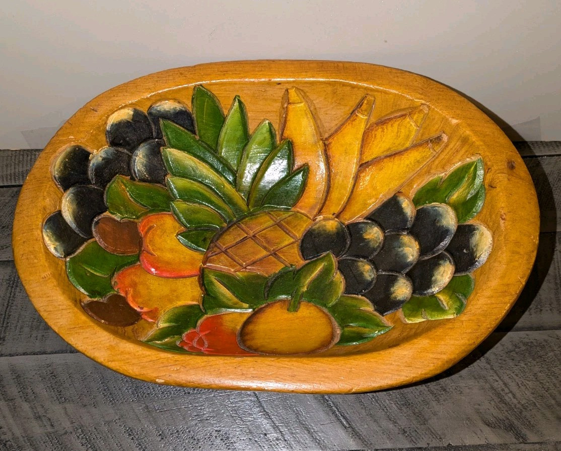 Vintage Hand Carved Painted Wooden 3-D EFFECT Fruit DECORATIVE DOUGH Bowl MCM