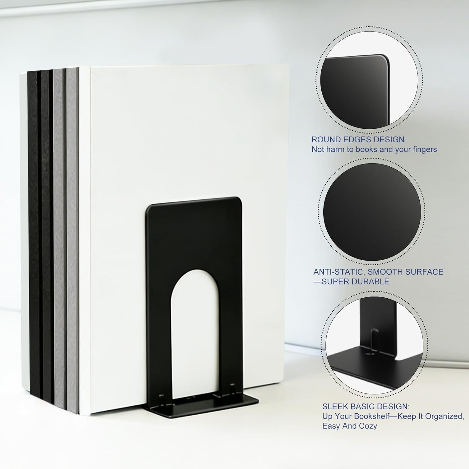 Metal Book Ends 4 Pack Heavy Duty Book Stopper for Books CDs Vinyl Shelf Organiz