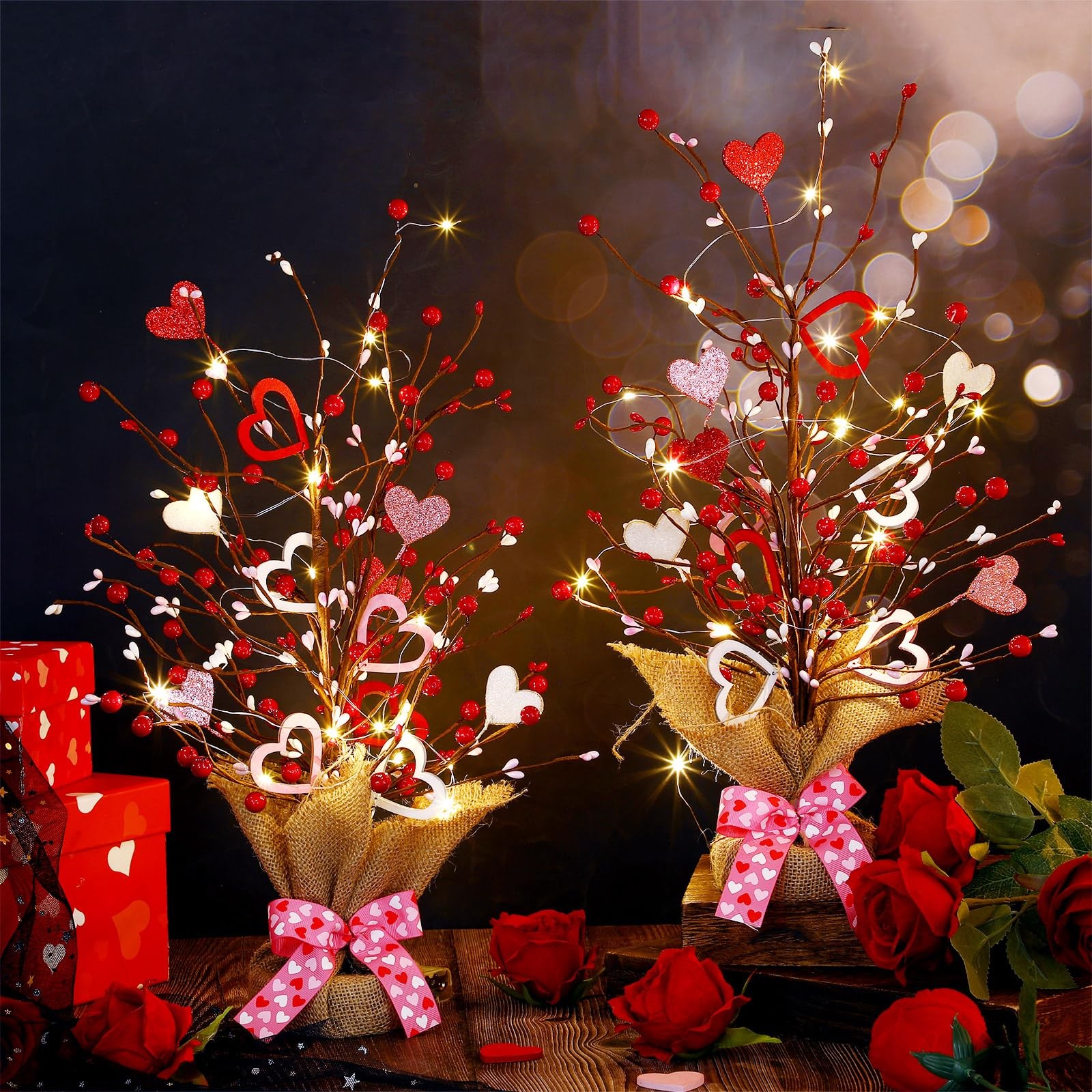 2 PCS 21in Valentine Lighted Artificial Berry Blossom Table Tree Heart