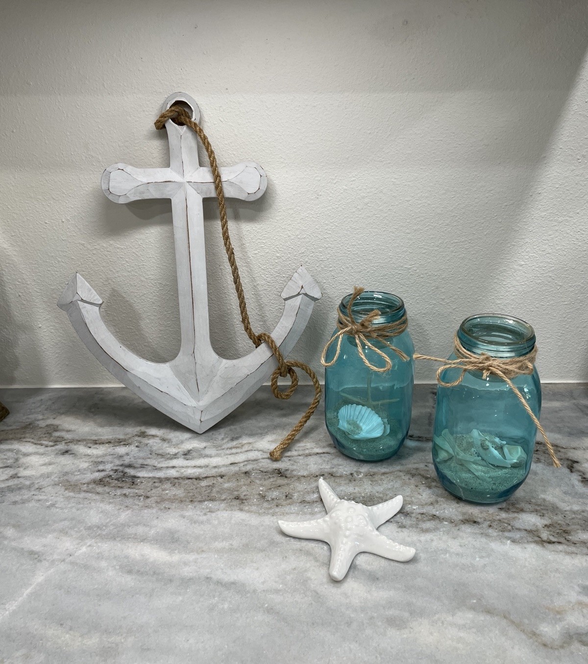 Nautical Coastal Decor Set Anchor Wall Art Blue Candle Jars Starfish Beach