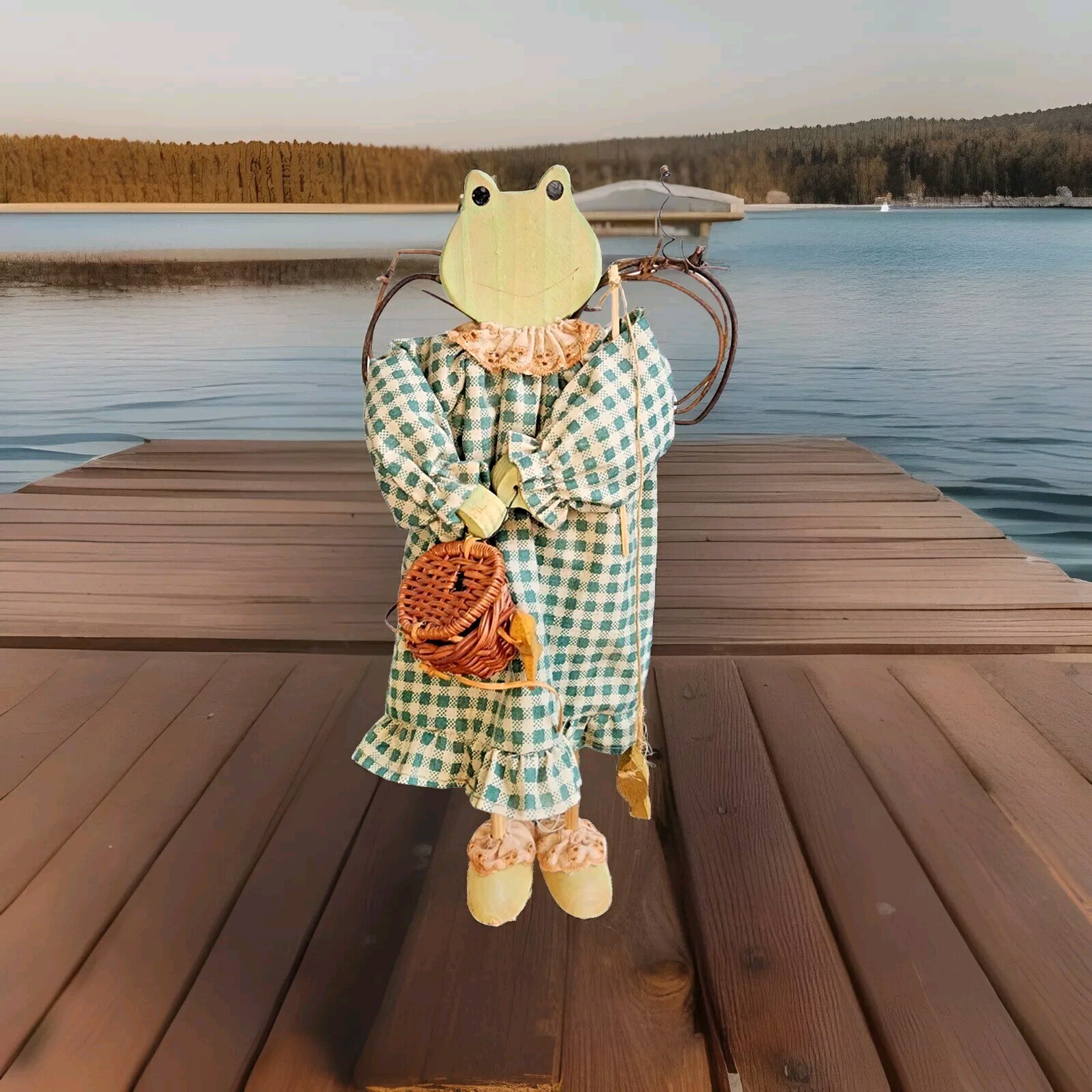 Adorable Wooden Fairy Frog Fishing with Basket & Rustic Charm Decore