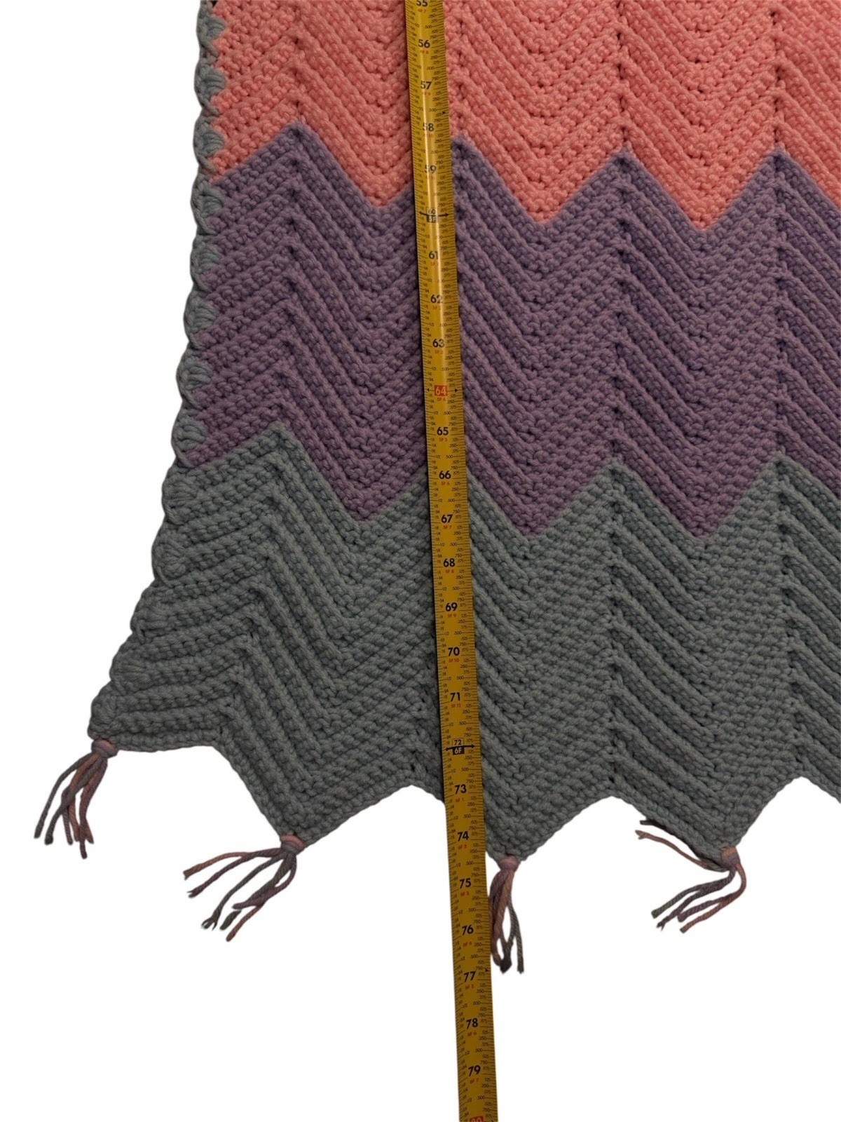 Hand-Crocheted Chevron Afghan – Blue, Pink & Purple Ripple Throw – 49” x 75
