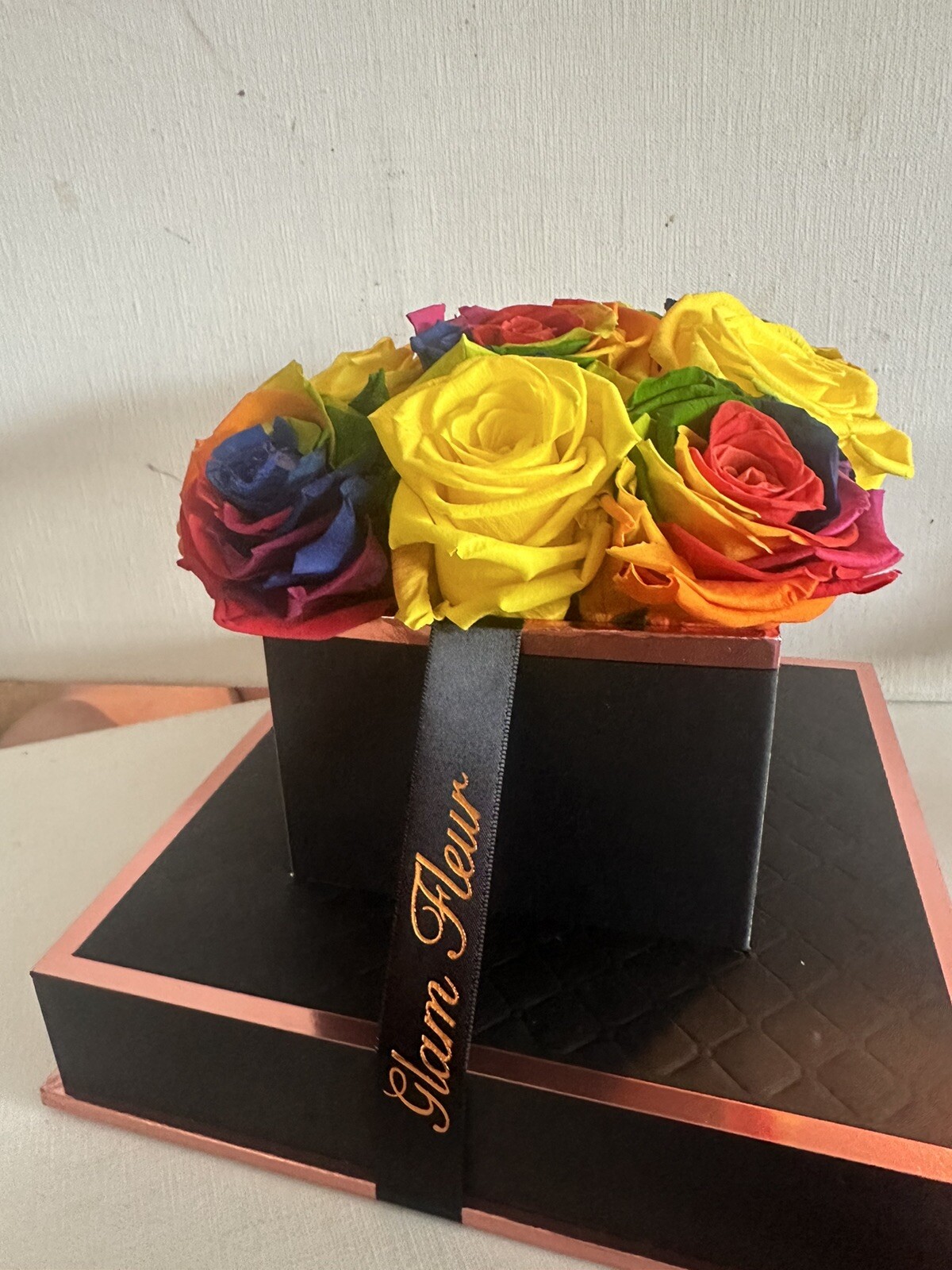 Glam Fleur Preserved 9 Yellow And Colorful Real Roses in Square Gift Box