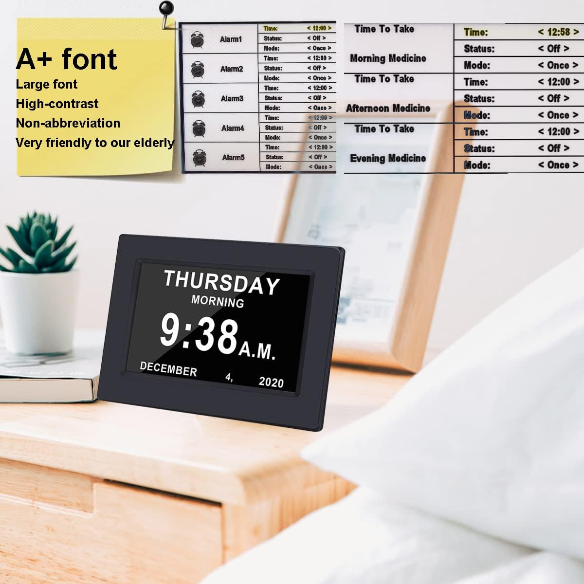 Clock with Day and Date for Elderly-3 Colors Display Digital Calendar Alarm Cloc
