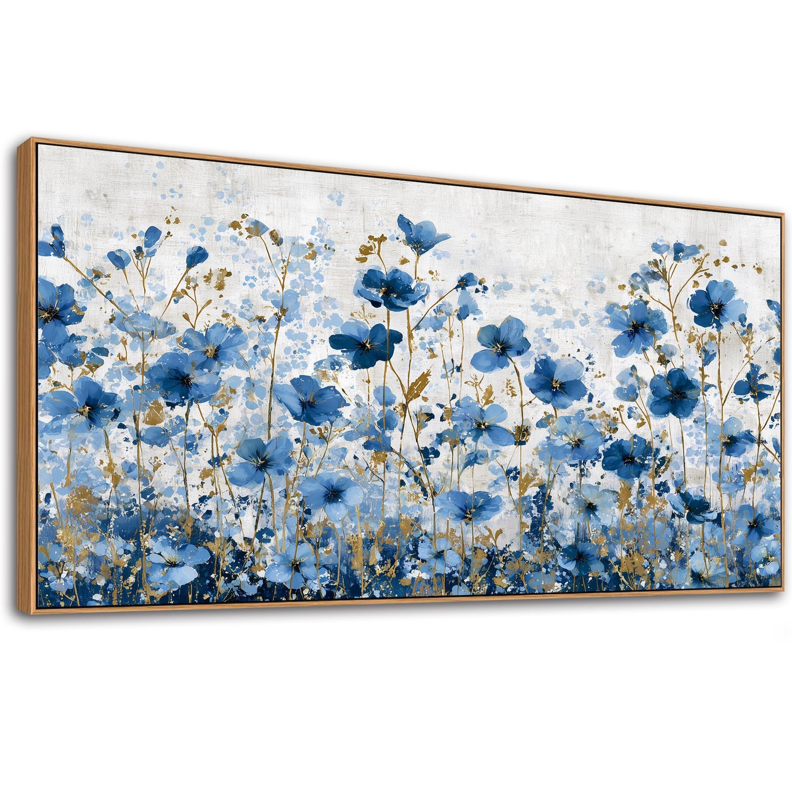 Floral Canvas Wall Art Blue & Gold Framed Flower Print Ready to Hang Modern B…