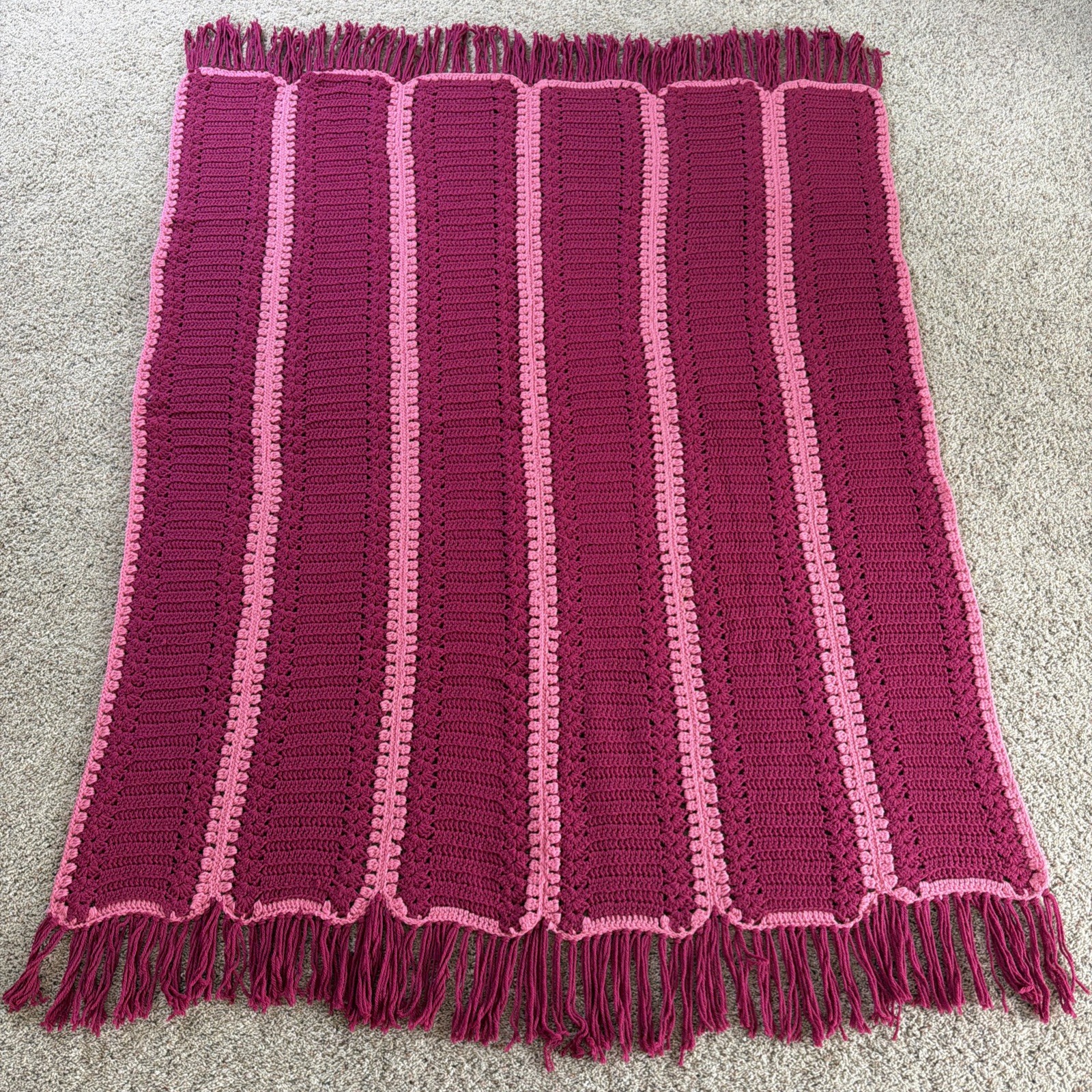VTG Handmade Afghan Blanket Throw Crochet Granny Maroon Pink Fringe Cottage Core