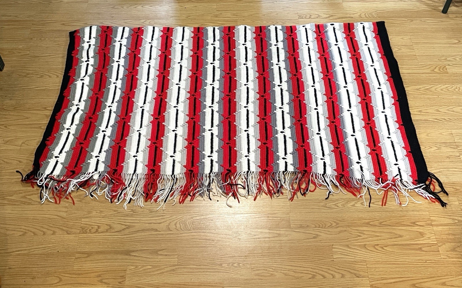 Handmade Crocheted Afghan Throw Blanket 57×74” Red White Black Gray – Perfect!