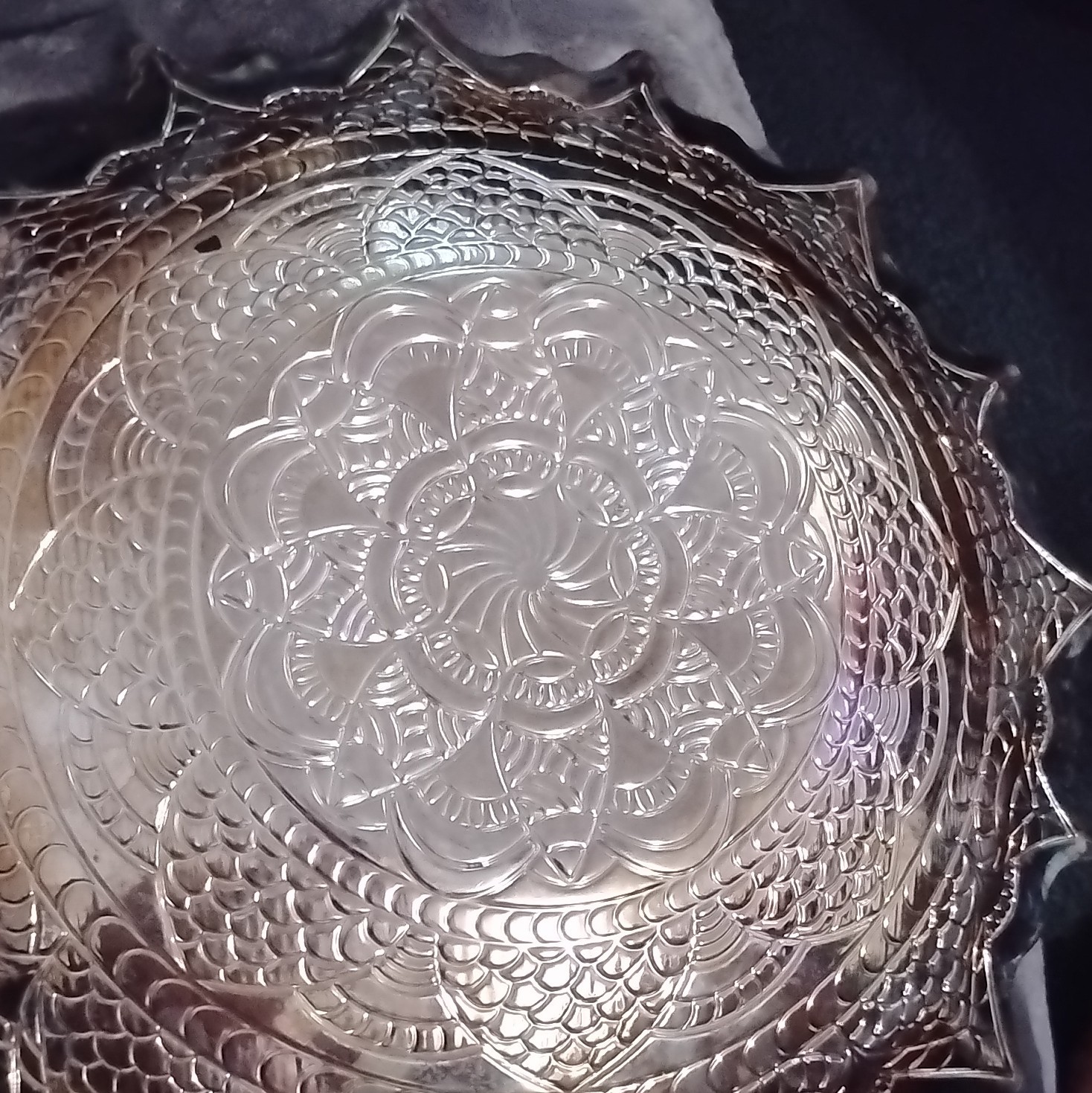 Clear Pressed Glass Floral Bowl, Scalloped Edge, Round Decorative Dish