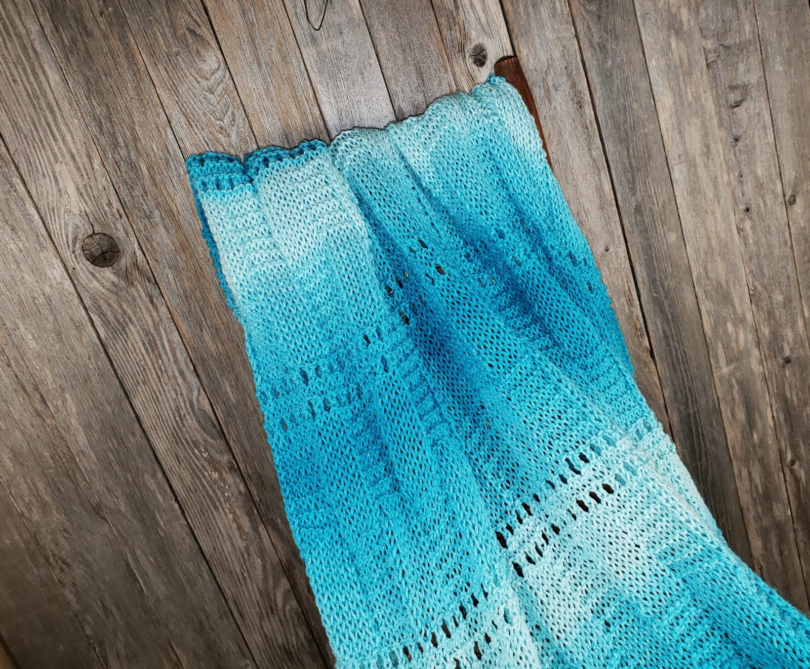 NEW Turquoise Blue Ombre Handmade Knitted Afghan Throw Knit Gift Decor Whimsy