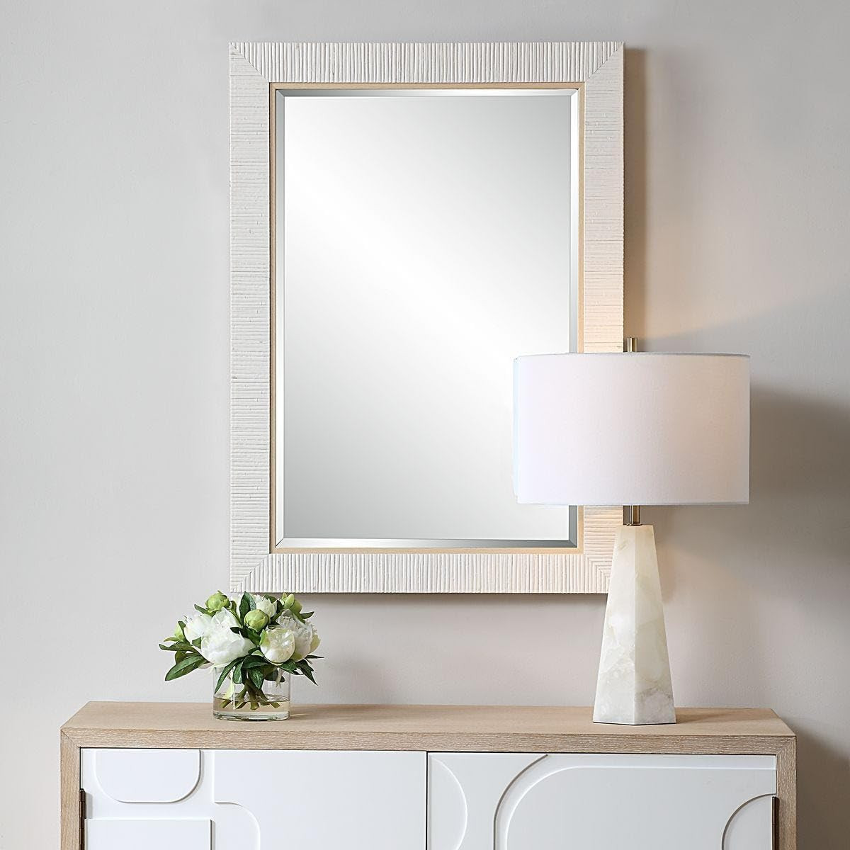 Coastal Whitewashed Rattan Frame Mirror – Modern Vanity Decor (25×35 in)